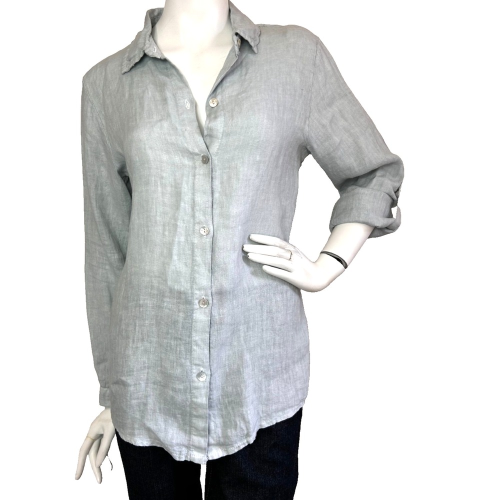 Angela Mara Linen Tunic Blouse L Crochet Lace Open Back Boho Grey Whimsigoth EUC
